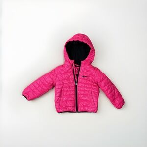 Nike Kids Toddler Girls Pink Black Reversible Hooded Puffer Jacket Size 18M